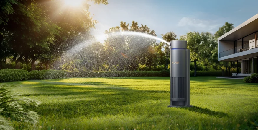 Aiper IrriSense smartes Sprinklersystem im Garten platziert