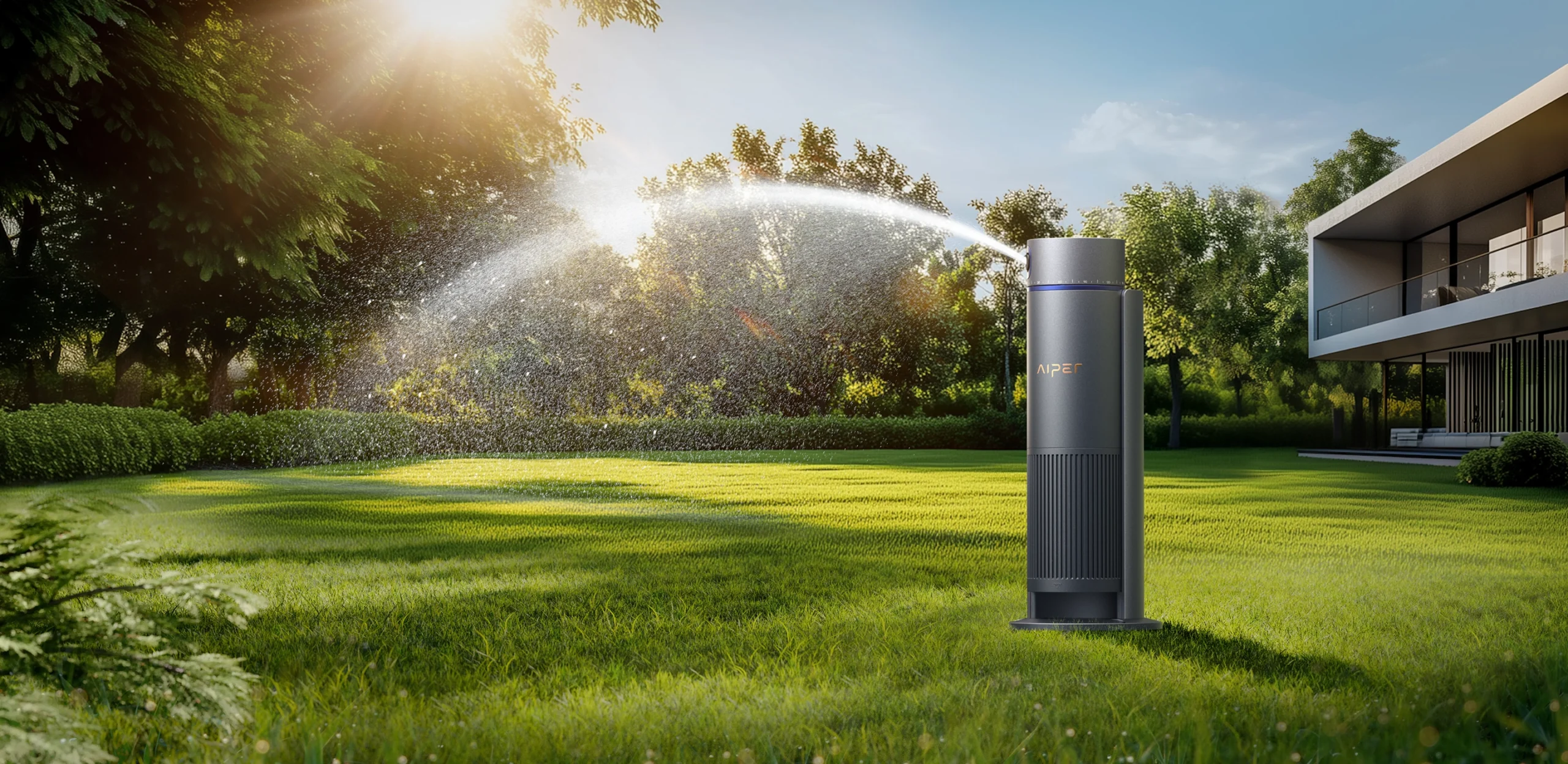Aiper IrriSense smartes Sprinklersystem im Garten platziert